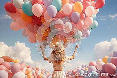 Woman flying with multicolored balloons to the blue sky, positive attitude, joy and happiness, road to freedom, carefree girl Stock Photo