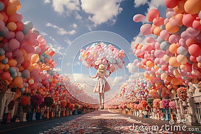 Woman flying with multicolored balloons to the blue sky, positive attitude, joy and happiness, road to freedom, carefree girl Stock Photo