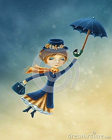 Woman flying with an umbrella Stock Photo