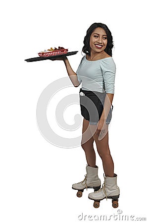 Woman server or waitress on roller skates Stock Photo