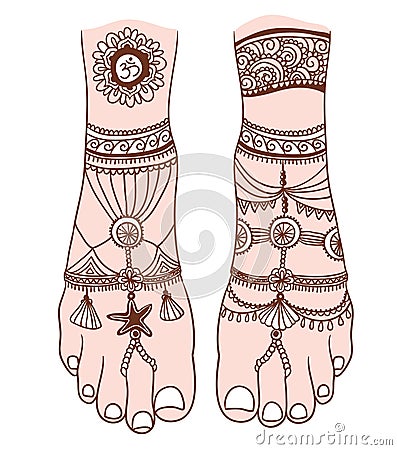 Woman foot with magic mehendi and boho jewelry. Vector illustration isolated. Vector Illustration