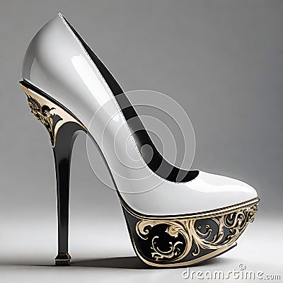 woman footwear, high heel white shoe with platform, golden floral decorations Stock Photo