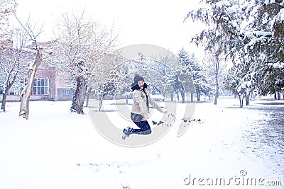 Woman in forest, portrait of a woman in winter forest, cute woman in winter park Stock Photo