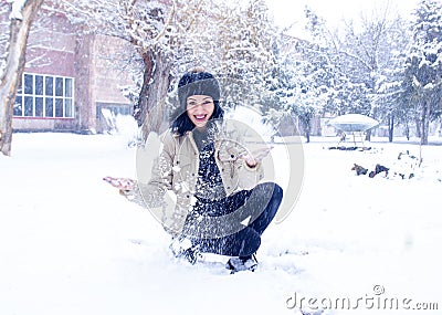 Woman in forest, portrait of a woman in winter forest, cute woman in winter park Stock Photo