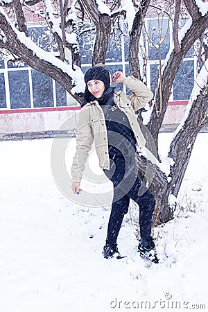 Woman in forest, portrait of a woman in winter forest, cute woman in winter park Stock Photo