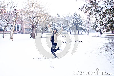 Woman in forest, portrait of a woman in winter forest, cute woman in winter park Stock Photo