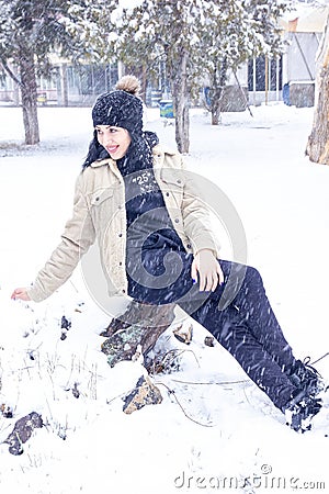 Woman in forest, portrait of a woman in winter forest, cute woman in winter park Stock Photo