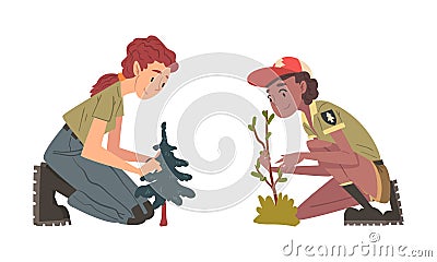 Woman Forest Ranger in Uniform Sitting on Knees Near Tree at National Park Protecting and Preserving Flora Vector Set Vector Illustration