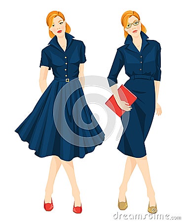 Woman in formal blue dress and elegant blue dress for holiday Vector Illustration