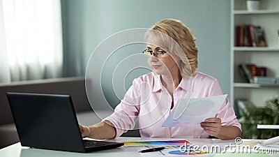 Woman freelancer earning by creating design solutions for clients online, job Stock Photo