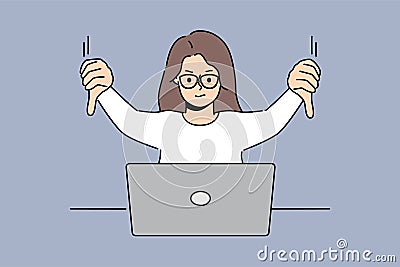 Woman freelancer showing thumbs down sitting in front of laptop and making video call to colleagues Vector Illustration