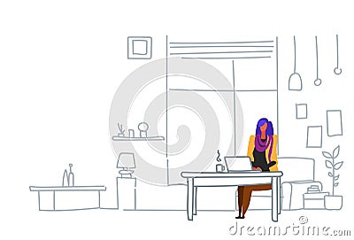 Woman freelancer using laptop sitting workplace girl working process concept modern office or living room interior Vector Illustration