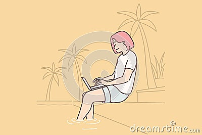 Woman freelancer working with laptop sitting on beach under palm tree or near pool in resort hotel Vector Illustration