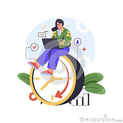 Woman or freelancer works full time, vector image. Vector Illustration