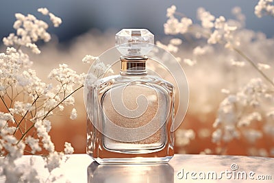 woman fragrance perfume cosmetic flower bottle glass aroma white scent smell. Generative AI. Stock Photo