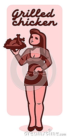 Woman with a fried chicken. Vector Illustration