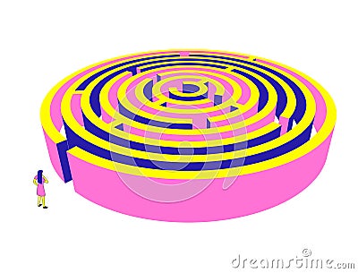 A woman in front of the entrance to the labyrinth. Maze on white backgroundA female character is trying to solve a Vector Illustration
