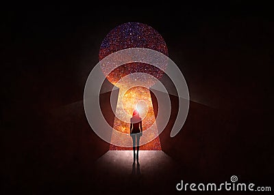 Woman in front of open door with universe Stock Photo