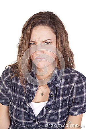 Woman frown blue shirt Stock Photo