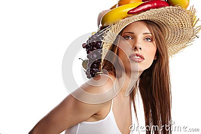 woman with fruits headwear. Stock Photo