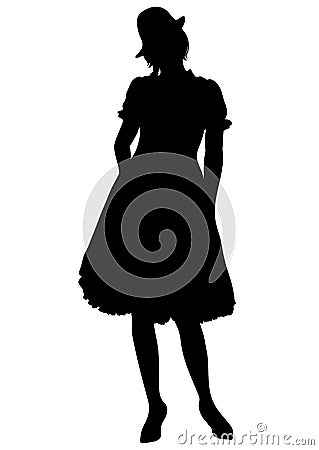 Woman full-length silhouette, with pigtails and cap, in old Vector Illustration