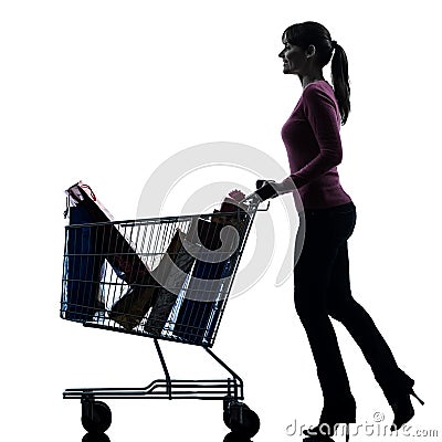 Woman with full shopping cart silhouette Stock Photo