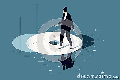 A woman in a full suit standing in a crystal clear pond up to her ankles trying to turn back time to undo a financial Stock Photo