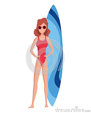 Woman. Fun female character. Young lady standing near surfboard. Summertime flat cartoon illustration Vector Illustration