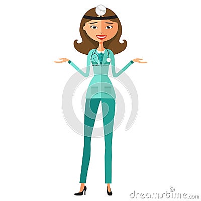 Woman funny cartoon scientist doctor presenting flat cartoon vector illustration Vector Illustration