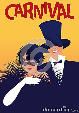 Woman with fur stole and white gloves and man in top hat wearing carnival masks. Retro style carnival poster Stock Photo