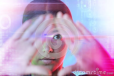 Woman, future holographic overlay and studio portrait, pyramid hand sign and coding for technology. Girl, futuristic Stock Photo