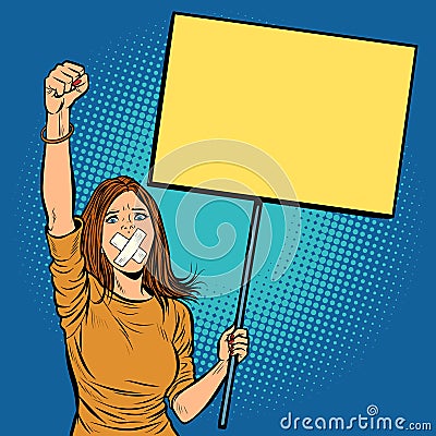 A woman with a gag in her mouth protests for freedom of speech a Vector Illustration