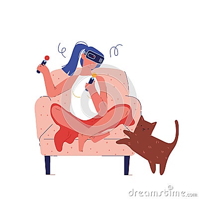 Woman Gamer Playing Video Game in VR Goggles at Home. Future Technology Entertainment Industry. Gaming Addiction Vector Illustration