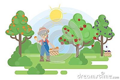 Woman in garden. Vector Illustration
