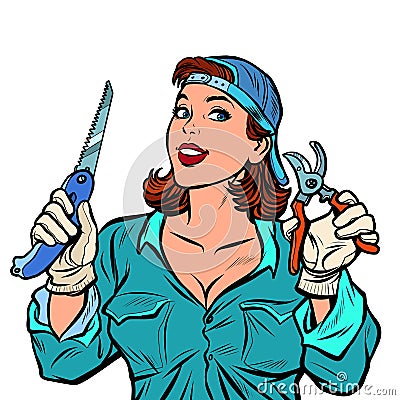 Woman gardener in the garden with a cutter and saw Vector Illustration