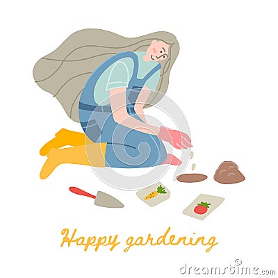 Woman gardener planting seeds Vector Illustration