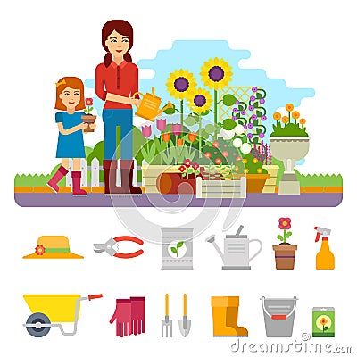 Woman gardener plants a flower and takes care of the flower garden. Gardening vector flat illustration, infographic Vector Illustration