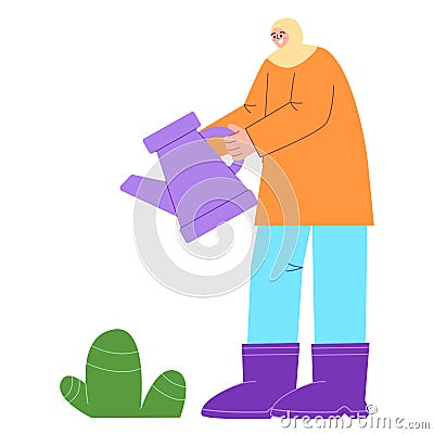 Woman gardener watering plant holding water can wearing veil hijab illustration colorful gardening Vector Illustration