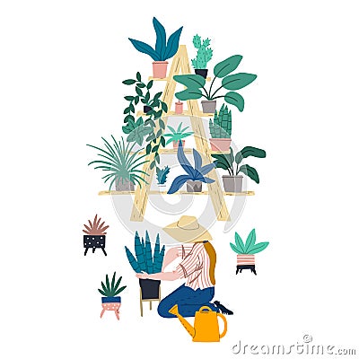 Woman is gardening at home. Urban jungle appartment decoration interior elements. Ladder shelf with plants in pots. Vector Illustration
