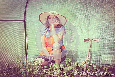 Woman with gardening tool working in greenhouse Stock Photo