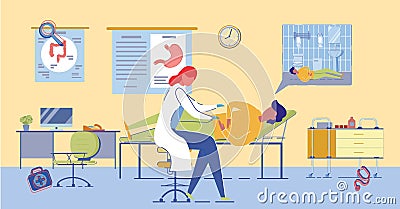 Gastroenterologist Exams Patient with Stomach Pain Vector Illustration