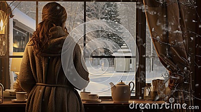 a woman gazing out of a window at a snow-covered outdoor scene, the coziness of an indoor space and the contrast with Stock Photo