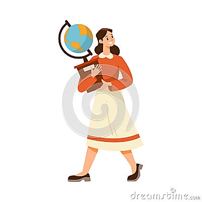 Woman Geography Teacher Character Walking with Globe Vector Illustration Vector Illustration