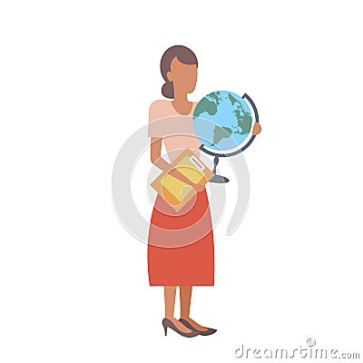 Woman geography teacher holding clipboard and globe school staff worker professional occupation concept female cartoon Vector Illustration