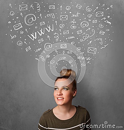 Woman gesturing with sketched social network icons above her head Stock Photo