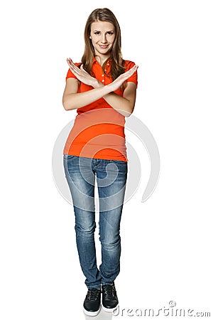 Woman gesturing stop standing in full length Stock Photo