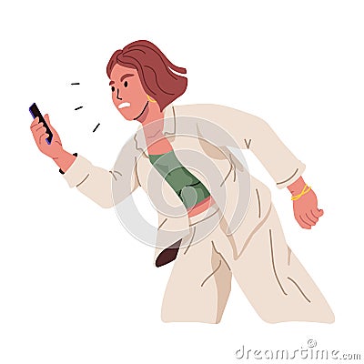 Woman getting angry and furious with mobile phone in hand. Irritated evil person looking at smartphone. Female Vector Illustration