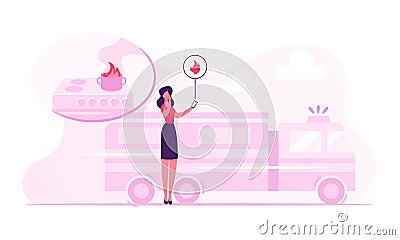 Woman Getting Notification from Smart Control System at Electronic Device Smartphone about Fire Accident Vector Illustration