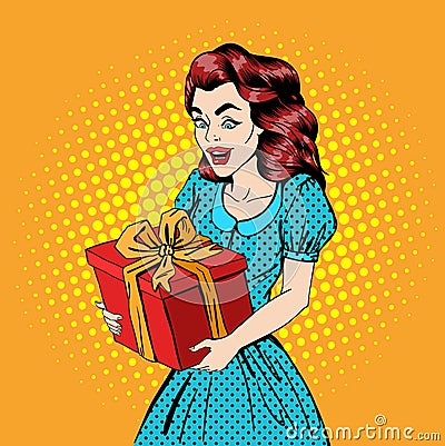 Woman with Gift. Excited Woman. Happy Woman. Girl with Big Gift Vector Illustration