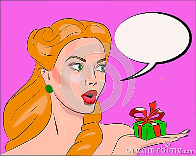 Woman with Gift. Excited Woman with Present on Her Hand Vector Illustration